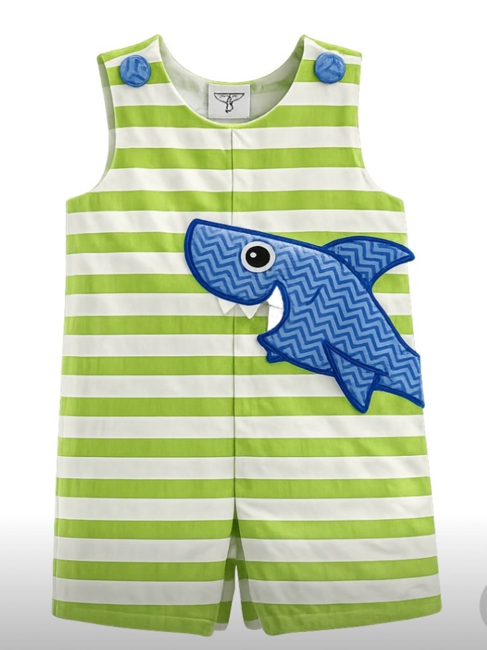 Mudpie Baby Boy Jon Jon 12-18M Green White Stripes Shark Applique Shorts Romper
